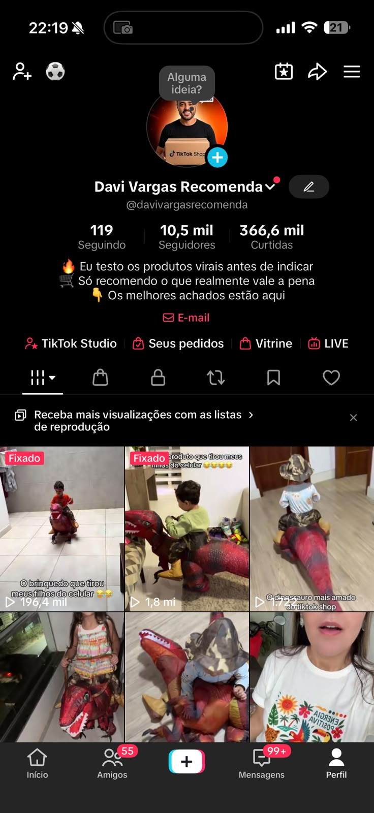 Perfil do TikTok Davi Vargas Recomenda com 10,5 mil seguidores e 366,6 mil curtidas